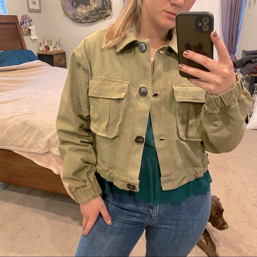 C’est Toi Olive Green Utility Cropped Button Front Jacket Size Large